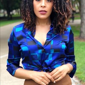 Blue silk button down blouse